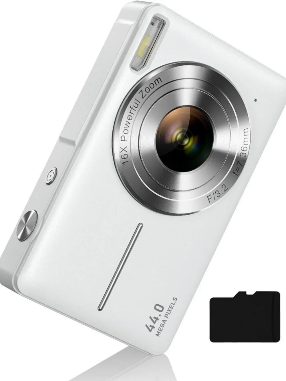 Compact 1080P Digital Camera for Kids, 16X Zoom, Flash & 32GB Card - White